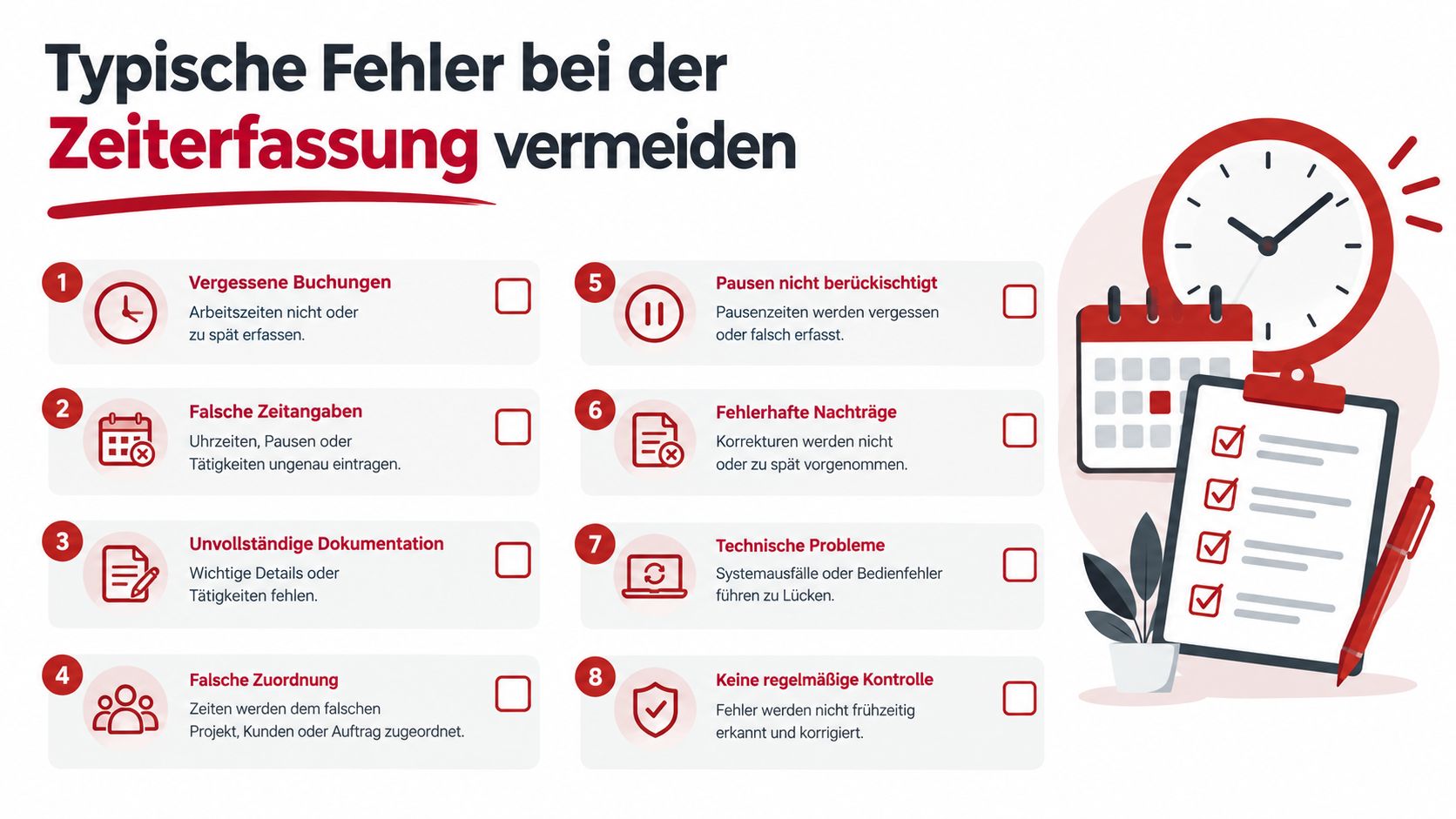 Infografik über die acht typischen Fehler bei der digitalen Zeiterfassung für Mitarbeiter und deren Vermeidung im Unternehmen.