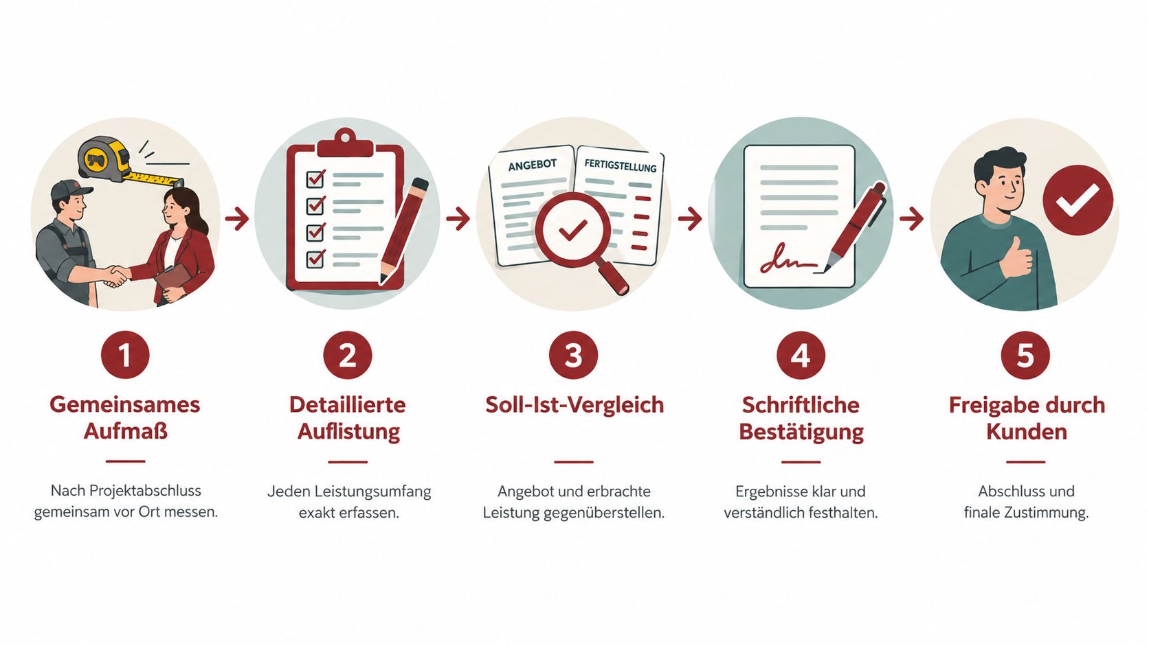 Eine Schritt-für-Schritt-Grafik zeigt den Prozess von der gemeinsamen Messung vor Ort bis zur finalen Freigabe durch den Kunden.