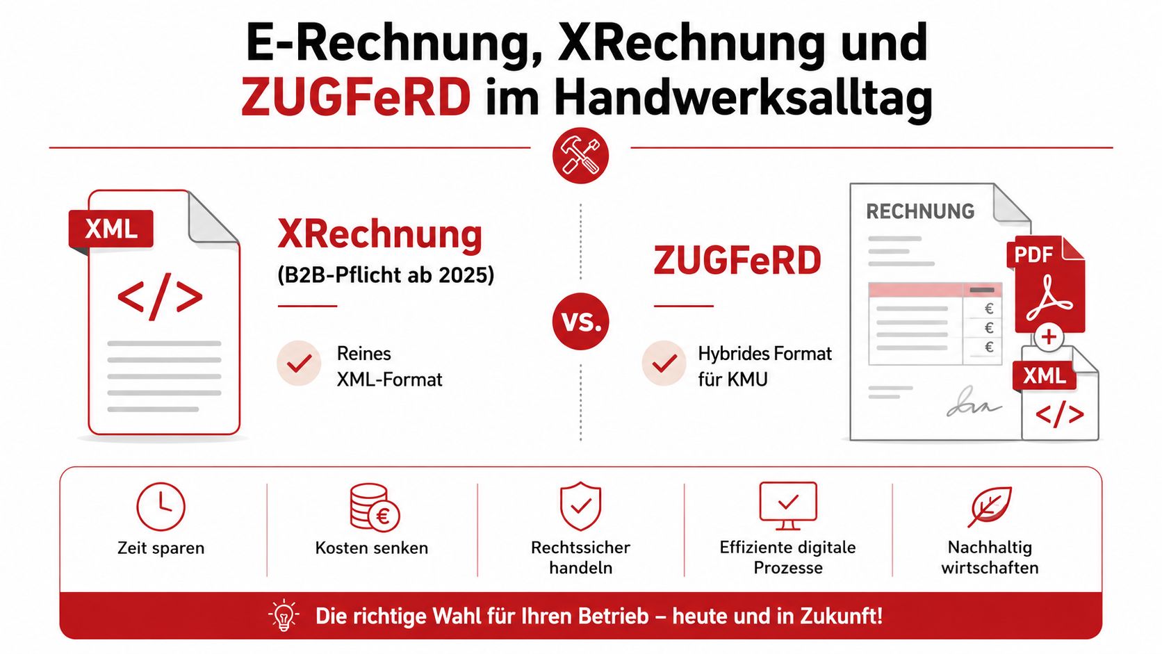 Infografik zum Vergleich von E-Rechnungen wie XRechnung und ZUGFeRD im deutschen Handwerksalltag zur Prozessoptimierung.