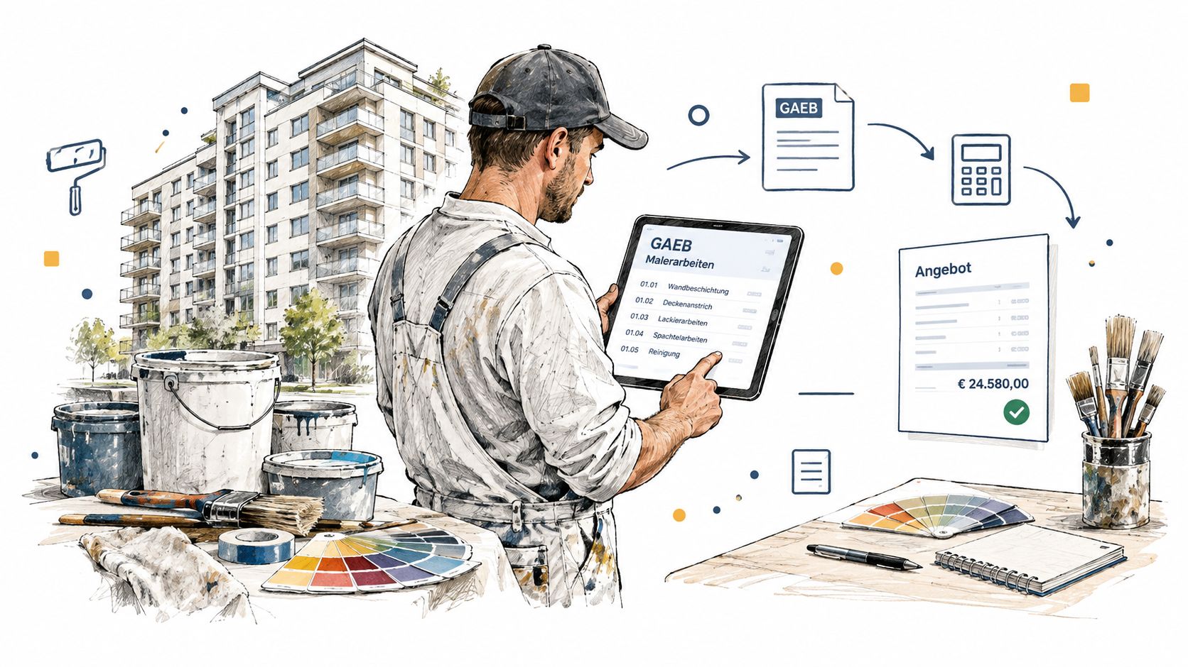 Ein Maler nutzt ein Tablet mit GAEB-Software zur Angebotserstellung für ein großes Bauprojekt vor einer Baustelle.