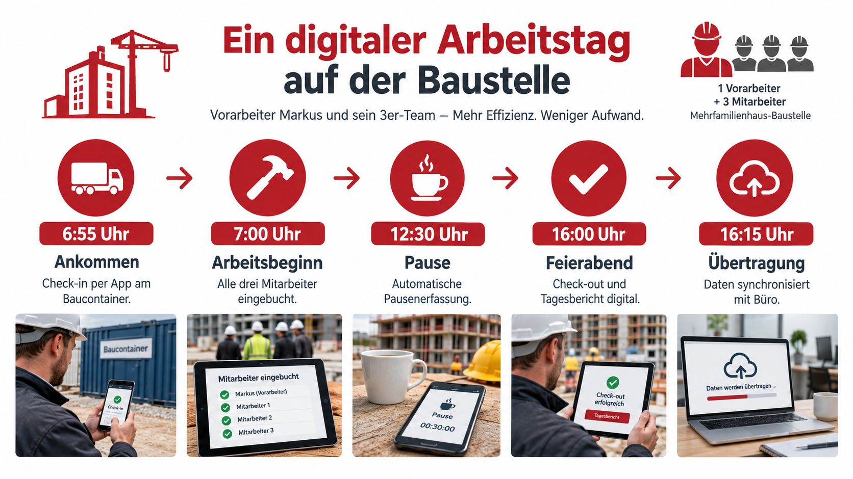 Infografik zum digitalen Arbeitstag auf einer Baustelle mit Zeiterfassung vom Ankommen bis zur Datenübertragung ins Büro.