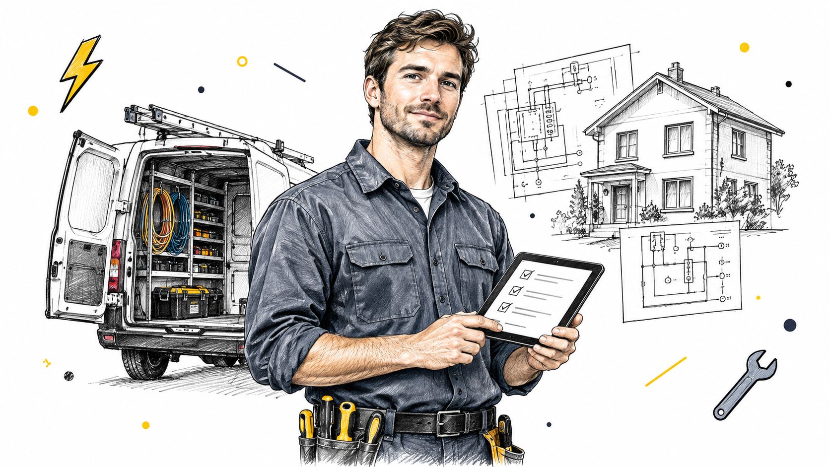 Ein Elektriker mit Tablet steht vor einem Lieferwagen und plant Elektroinstallationen für ein Wohnhaus mit Schaltplänen.