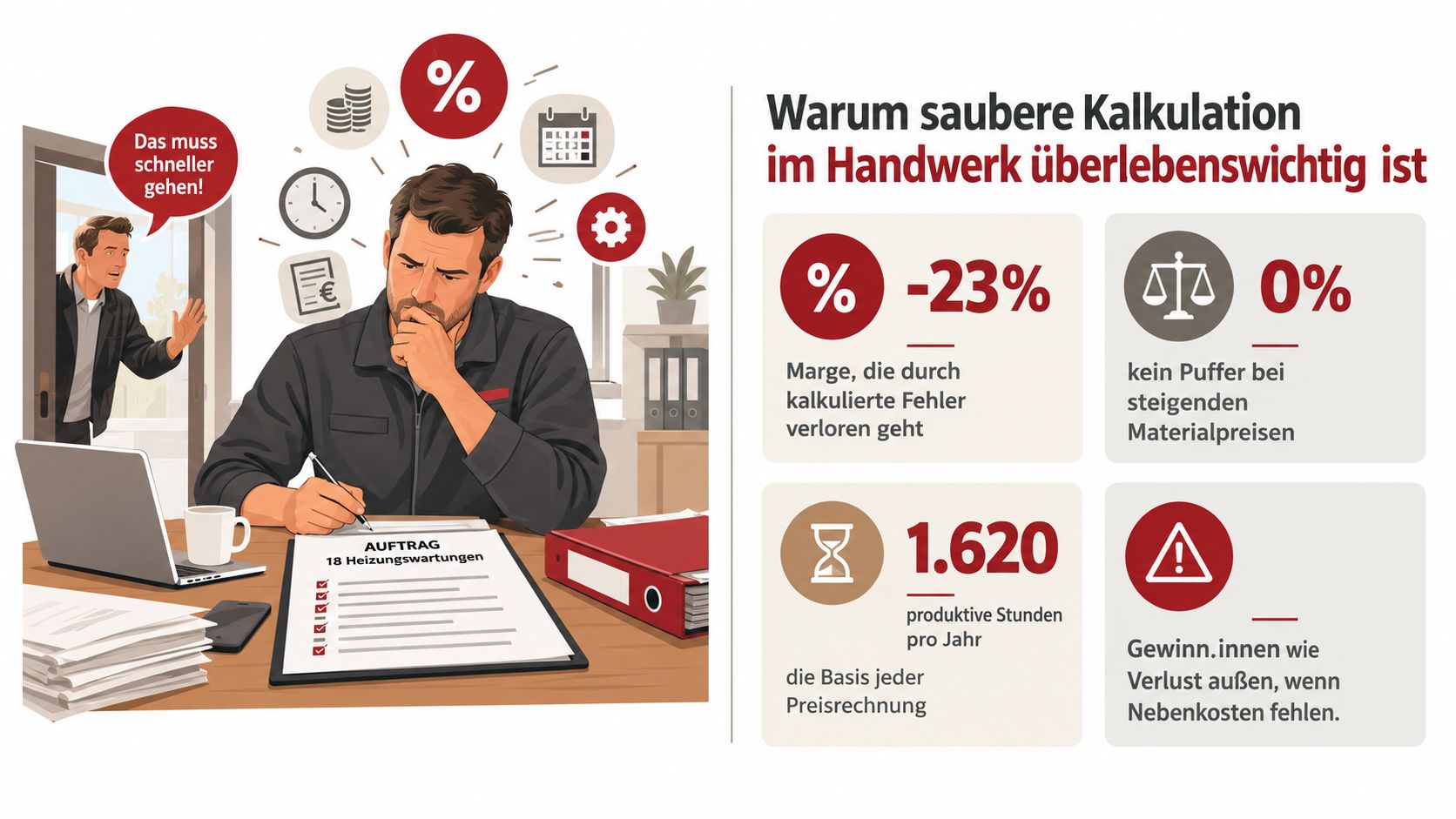 Ein Handwerker berechnet Angebote während eine gestresste Person im Hintergrund drängt, die Kalkulation muss präzise sein.