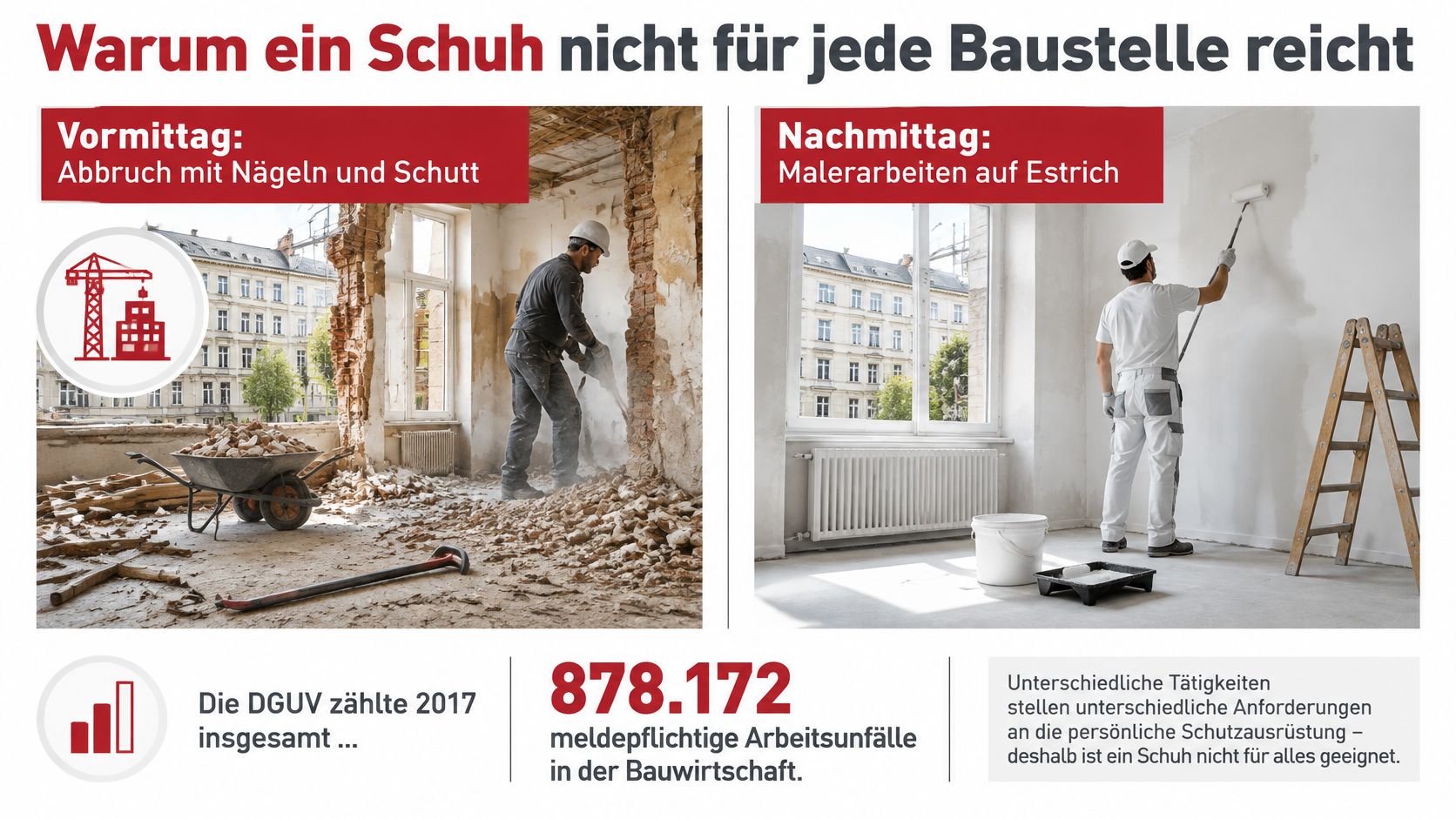 Ein Vergleich zwischen Abbrucharbeiten und Malerarbeiten zeigt, warum unterschiedliche Sicherheitsschuhe für verschiedene Bauaktivitäten notwendig sind.