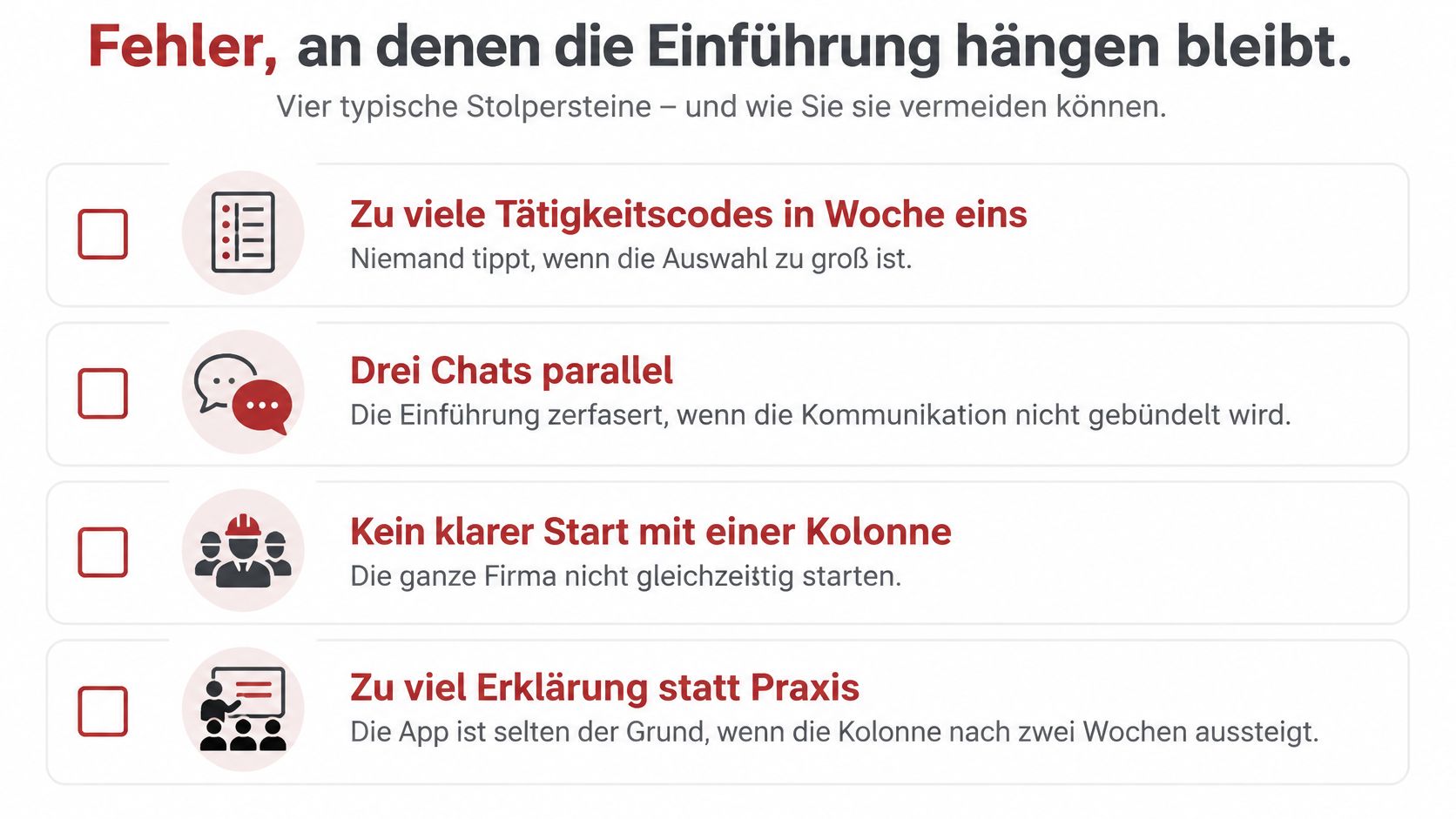 Grafik zeigt vier typische Fehler bei der Einführung digitaler Stundenzettel im Handwerk und wie diese vermieden werden.