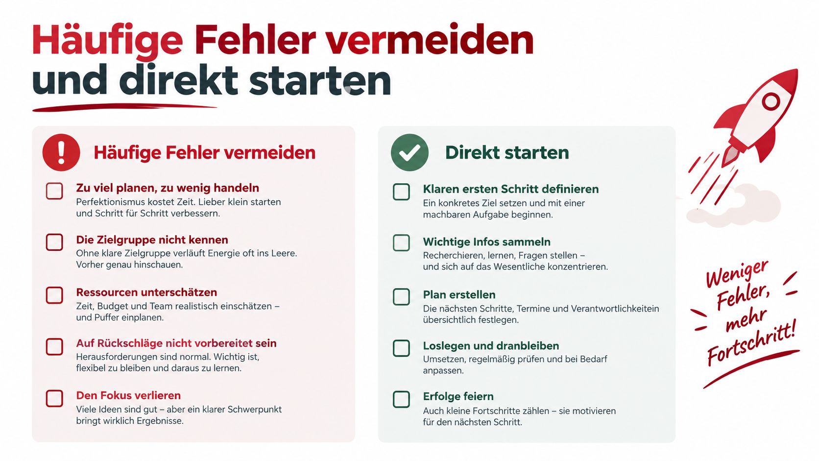 Eine Infografik mit Tipps zur Fehlervermeidung und zum direkten Starten von Projekten für mehr unternehmerischen Erfolg.