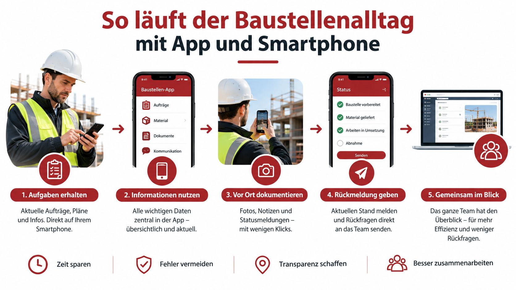 Ein Bauleiter nutzt eine Smartphone-App zur digitalen Organisation, Dokumentation und Kommunikation auf einer Baustelle für mehr Effizienz.