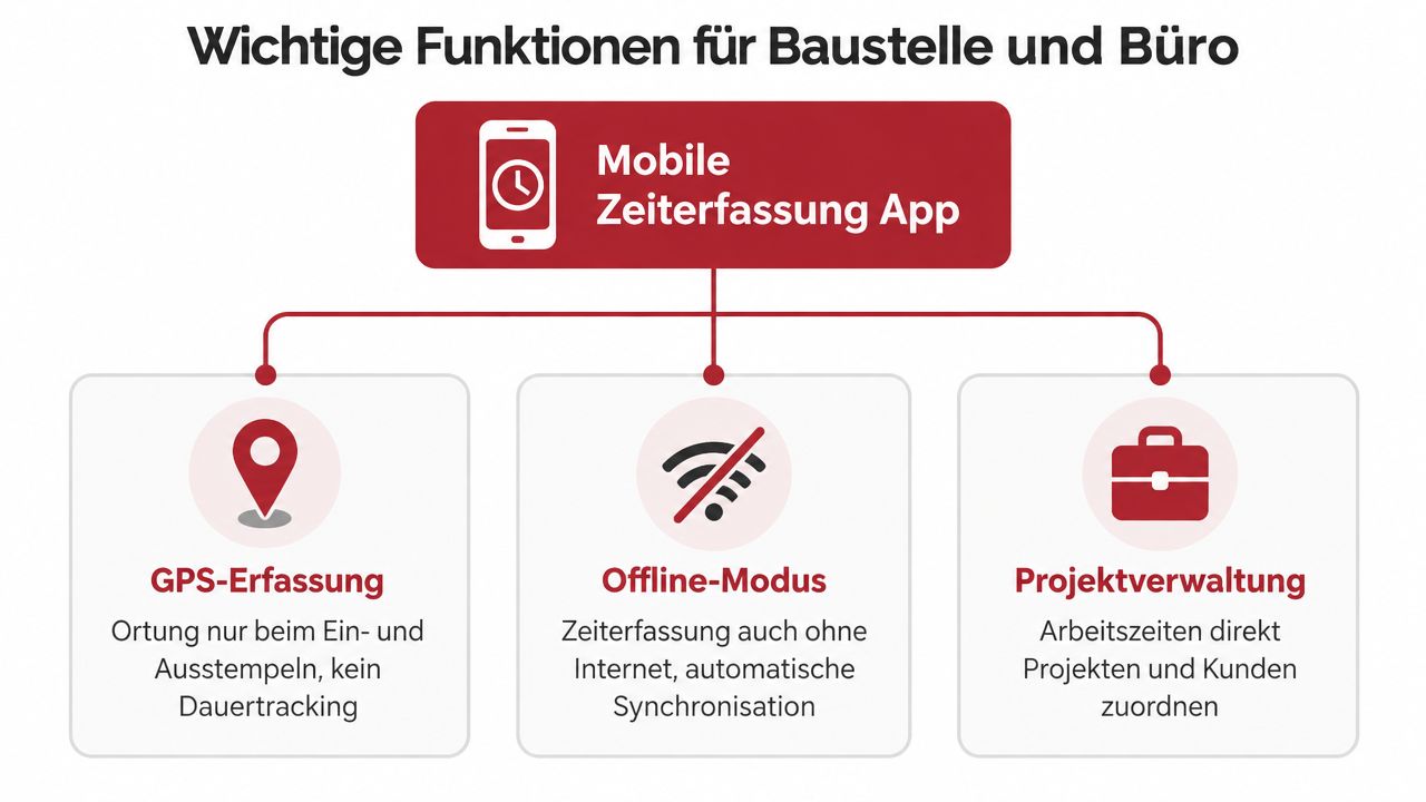 Infografik zeigt wichtige Funktionen einer mobilen Zeiterfassungs-App für Baustellen und Büros mit GPS, Offline-Modus und Projektverwaltung.