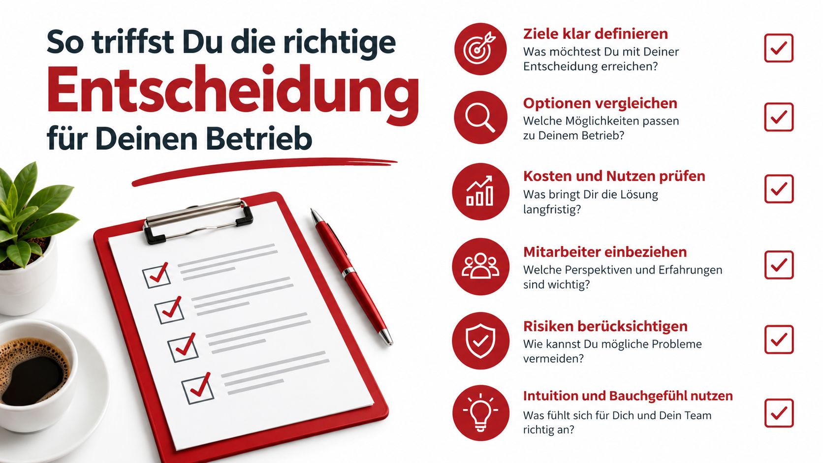 Eine Checkliste mit Tipps für Geschäftsentscheidungen auf einem Klemmbrett neben einem Kaffee und einer Pflanze.