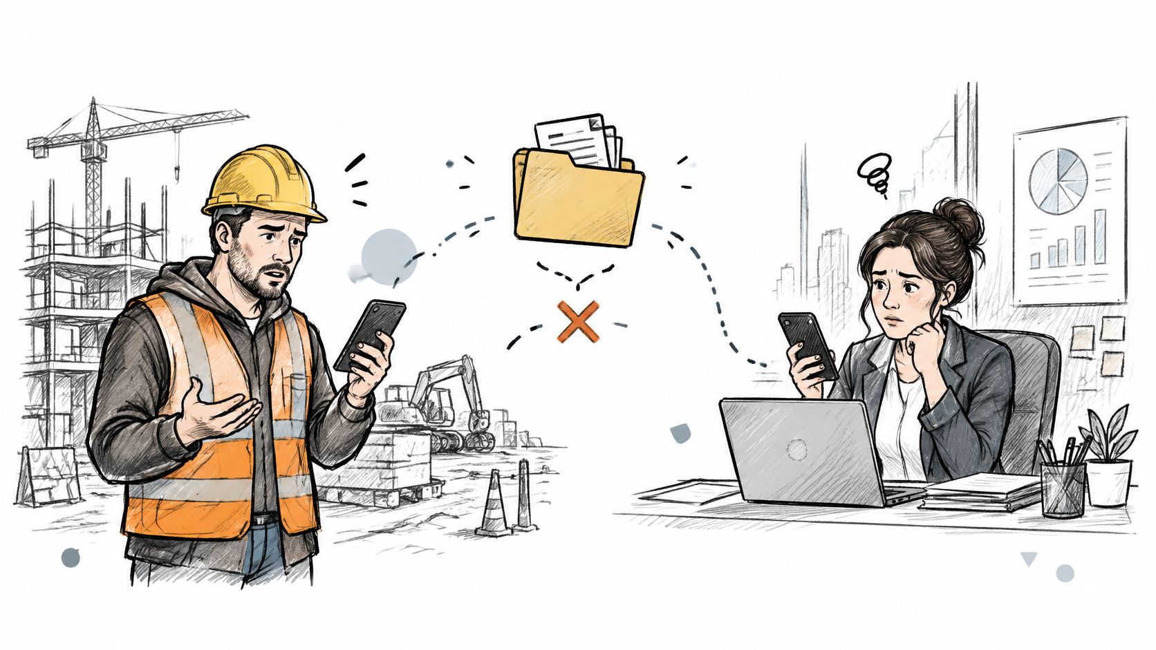 Ein Bauarbeiter und eine Büromitarbeiterin blicken frustriert auf ihre Smartphones, da der Datenaustausch von Dokumenten fehlgeschlagen ist.