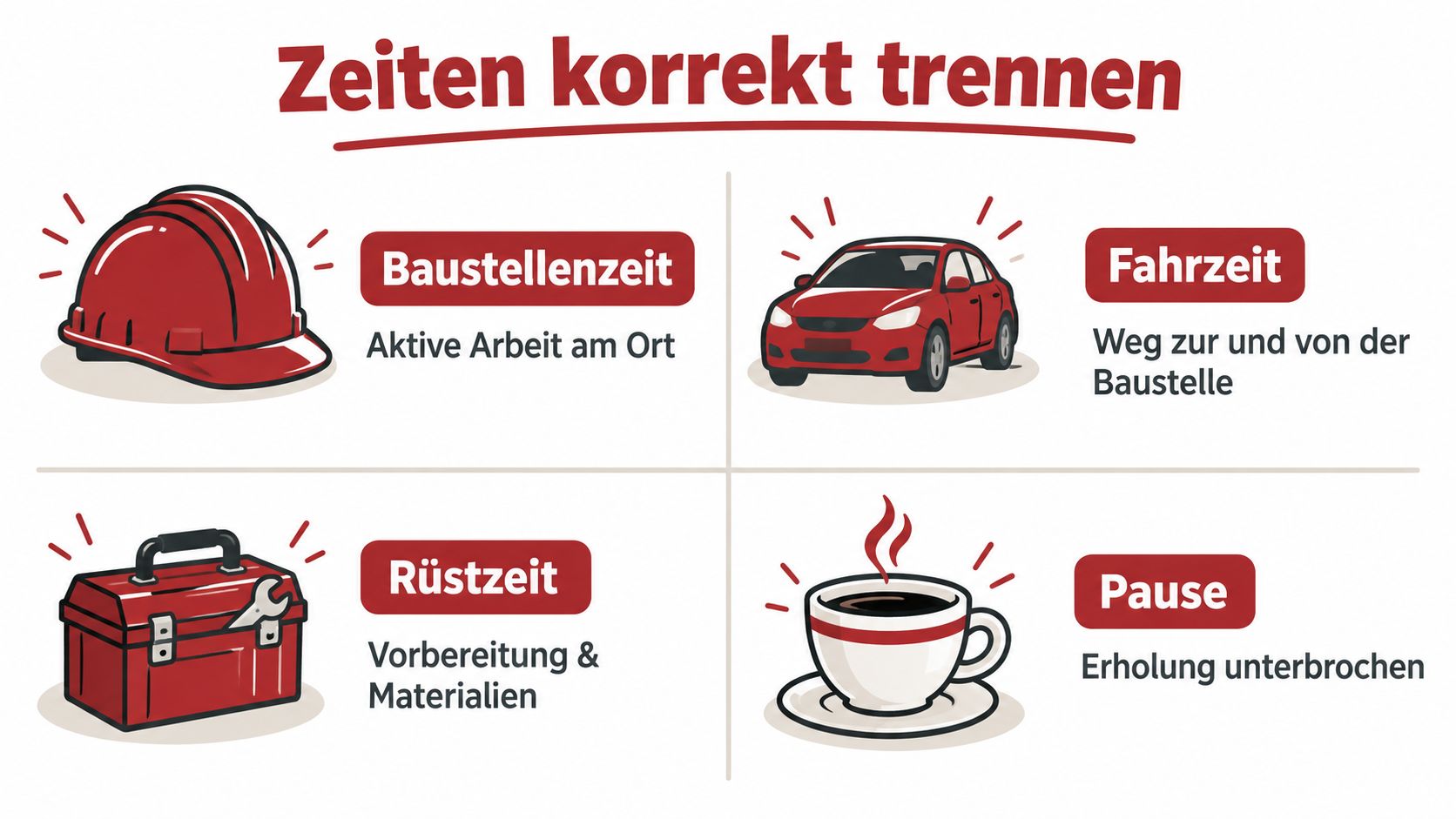 Eine Infografik erklärt die korrekte Trennung von Arbeitszeiten im Baugewerbe in vier verschiedenen Kategorien und Tätigkeiten.