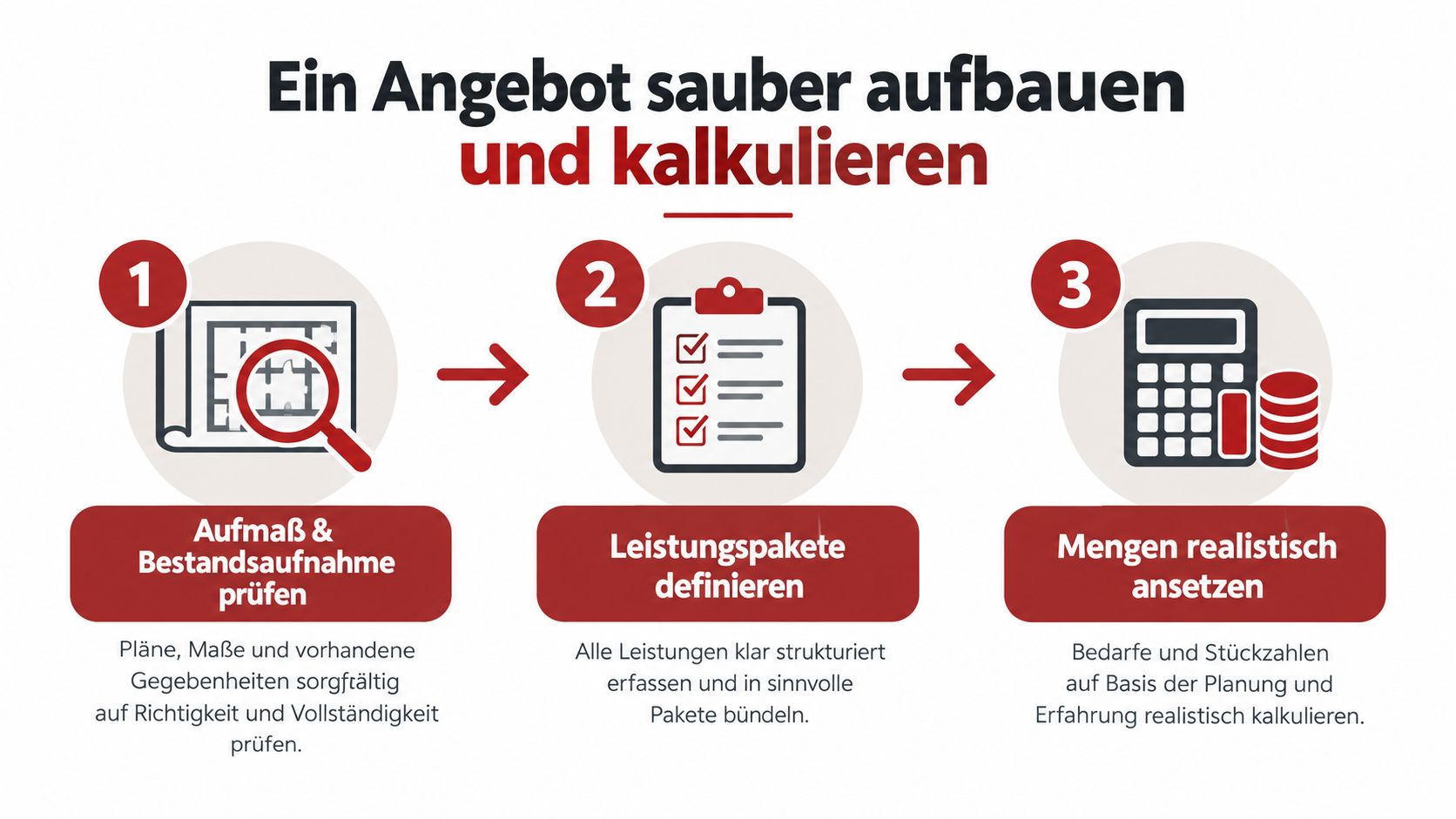 Eine dreistufige Infografik zur sauberen Strukturierung und Kalkulation von Angeboten im handwerklichen oder planerischen Kontext.