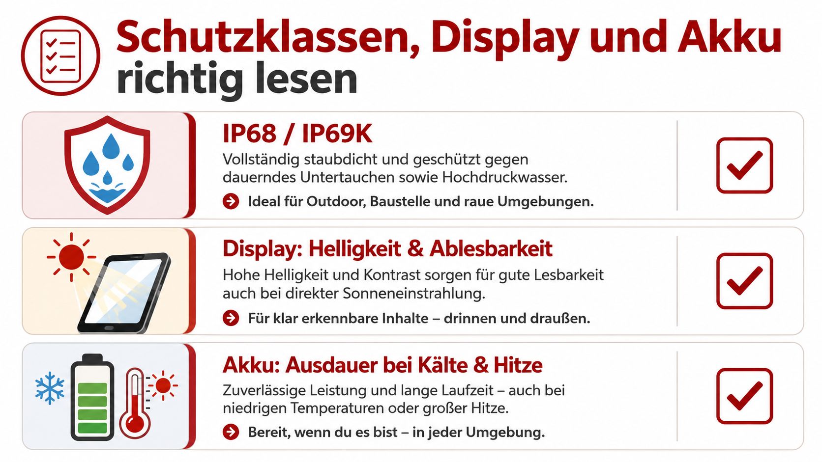 Infografik über die Vorteile robuster Smartphones für Baustellen mit Schutzklassen, Displayhelligkeit und Akku bei extremen Temperaturen.