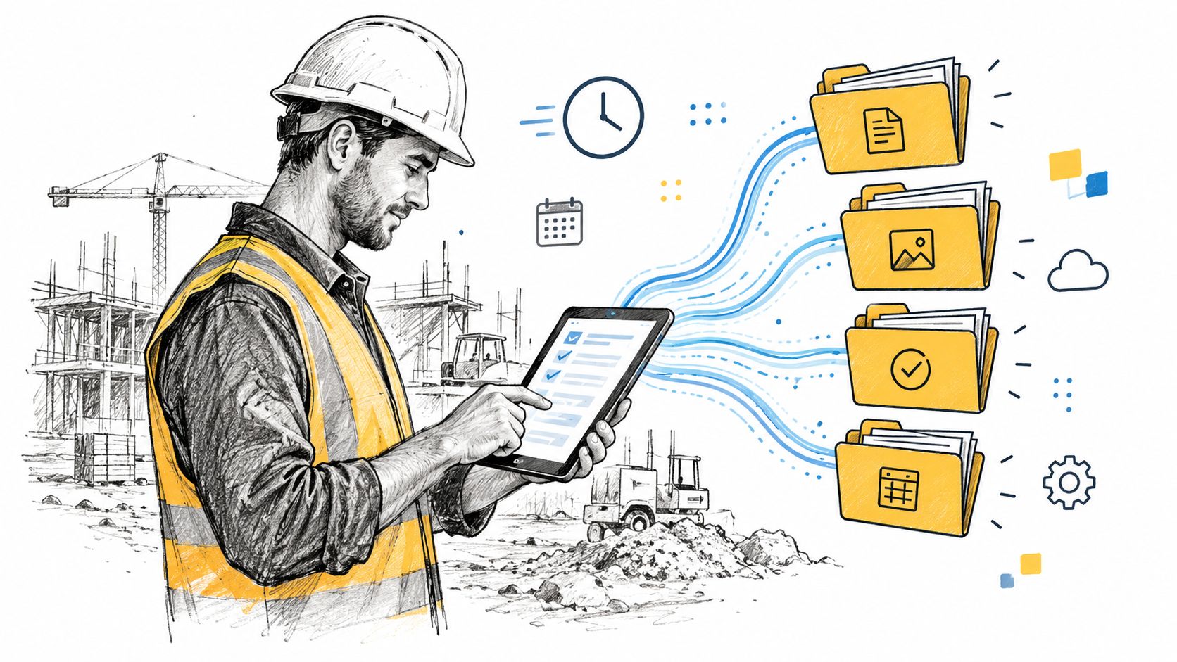 Ein Bauarbeiter mit Helm und Warnweste nutzt ein Tablet zur digitalen Verwaltung von Bauprojektdateien auf einer Baustelle.