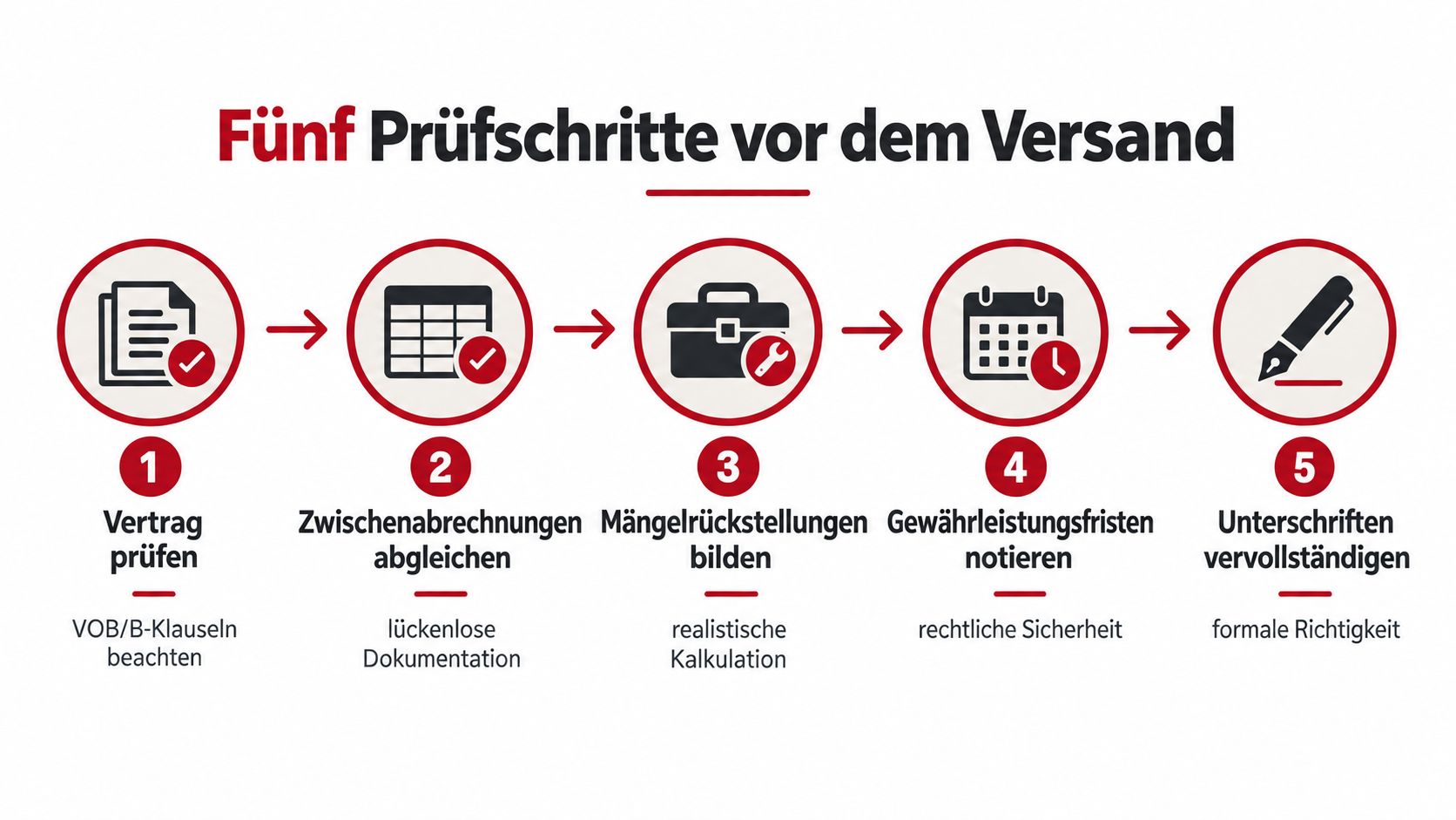 Eine Infografik mit fünf Prüfungsschritten zur Vorbereitung einer Schlussrechnung mit Abschlagszahlungen im Bauwesen.