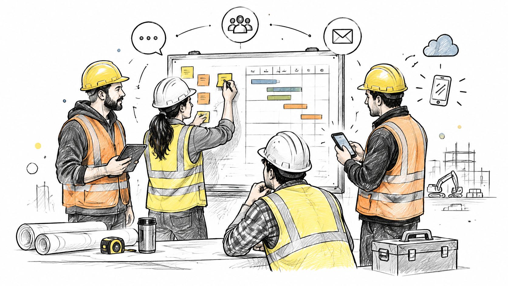 Ein Bauteam plant gemeinsam an einer weißen Tafel mit Skizzen, Haftnotizen und digitalen Geräten für die Baukoordination.