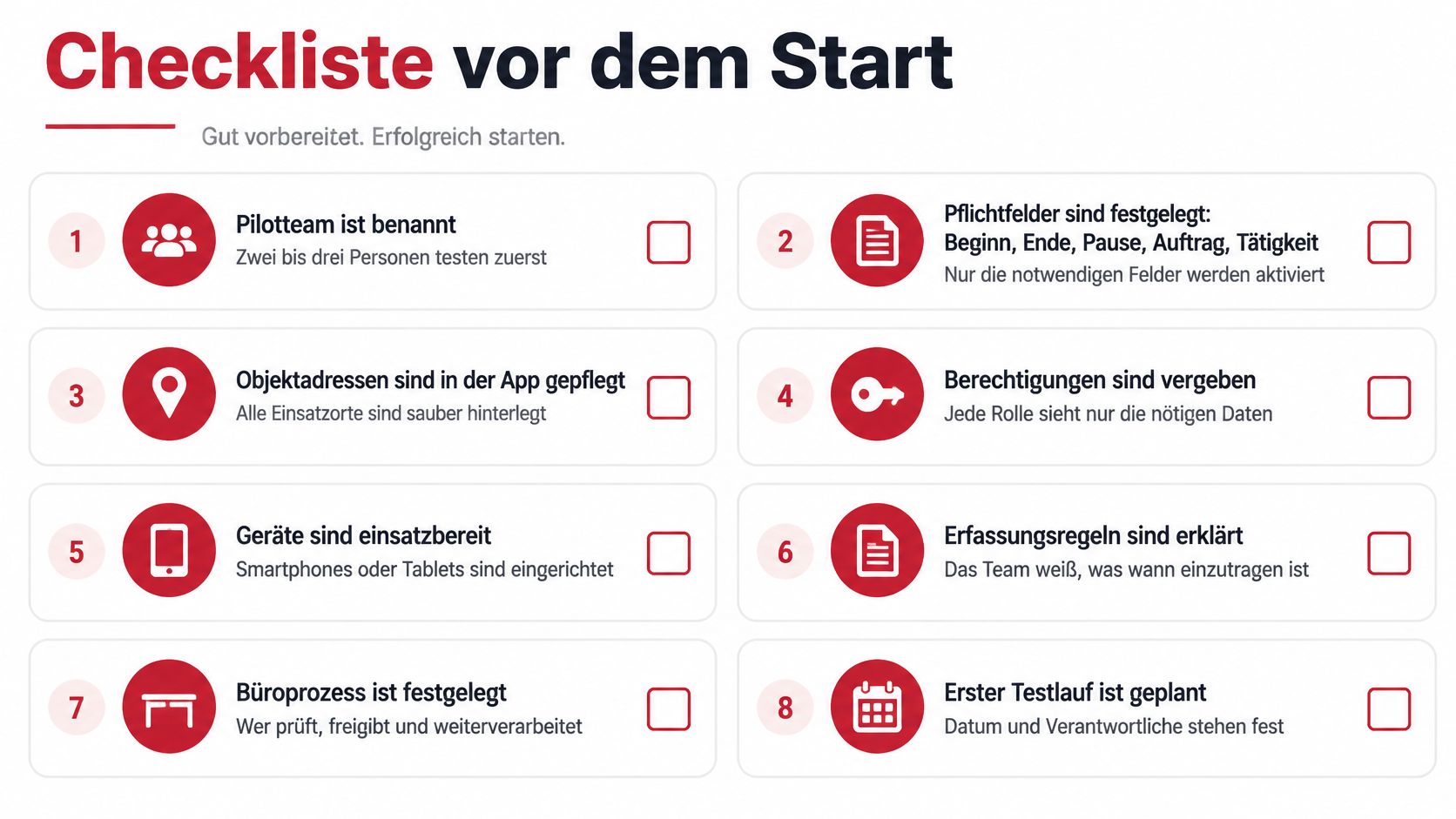 Eine Checkliste zur Vorbereitung vor dem Start einer Zeiterfassung App im Außendienst mit acht wichtigen Schritten.