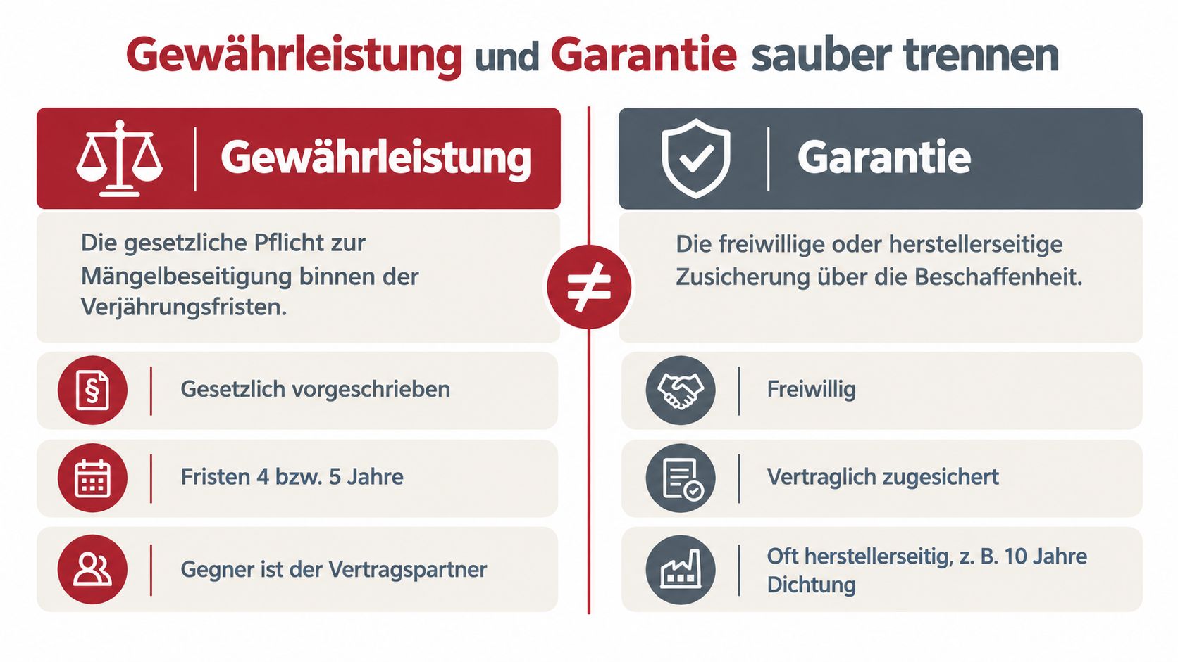 Vergleichsgrafik zwischen der gesetzlichen Gewährleistung und der freiwilligen Garantie für Bauleistungen in übersichtlicher Darstellung.