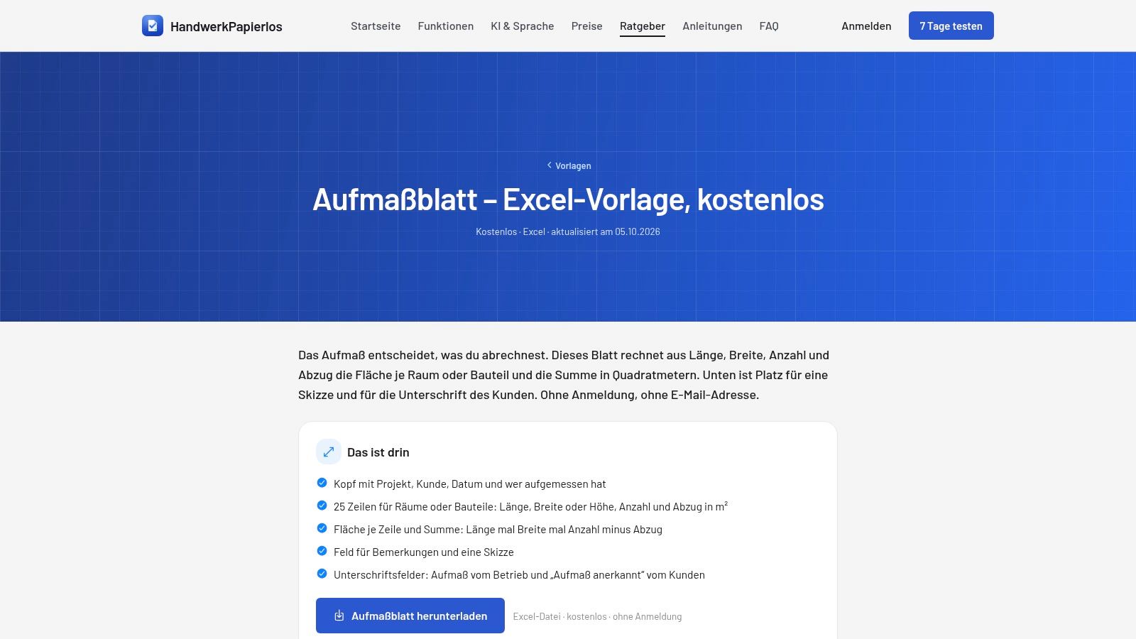 HandwerkPapierlos-Aufmaßblatt in Excel