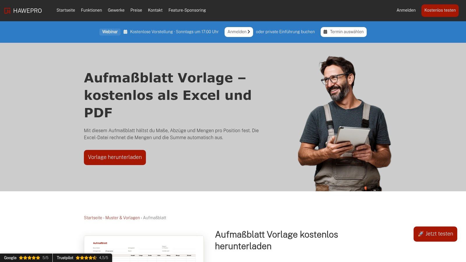 Hawepro-Aufmaßblatt als Excel und PDF