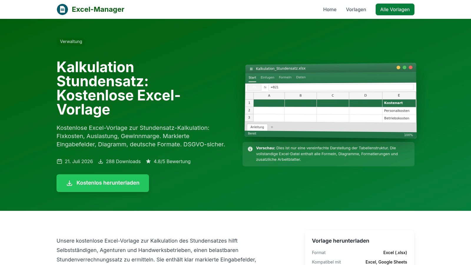 Excel-Manager, Vorlage zur Kalkulation des Stundensatzes
