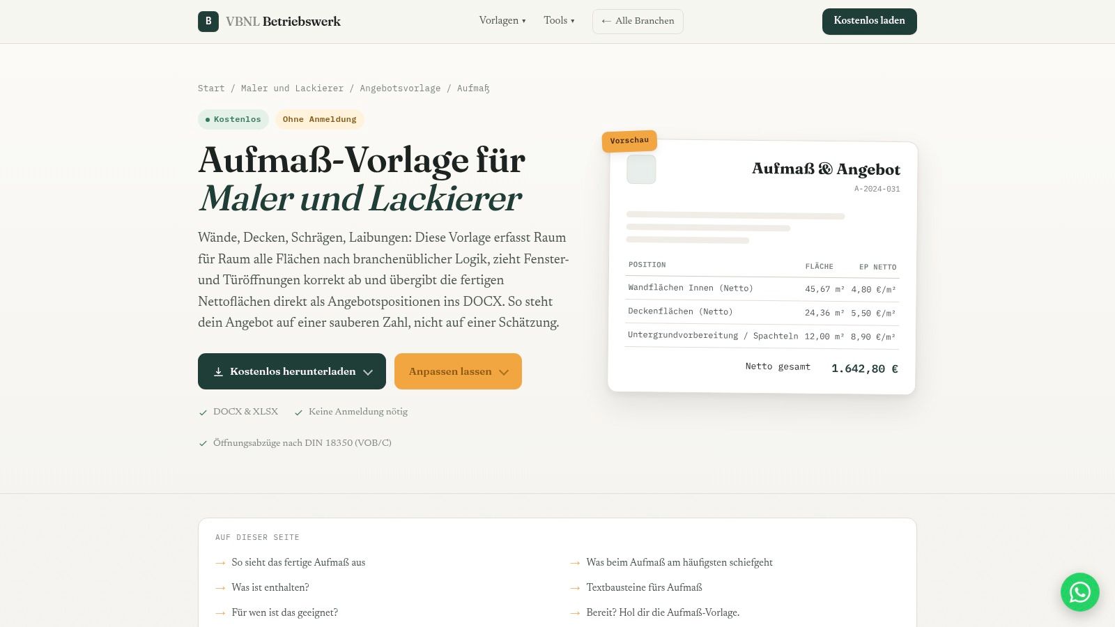 VBNL Betriebswerk – Aufmaß für Maler und Lackierer