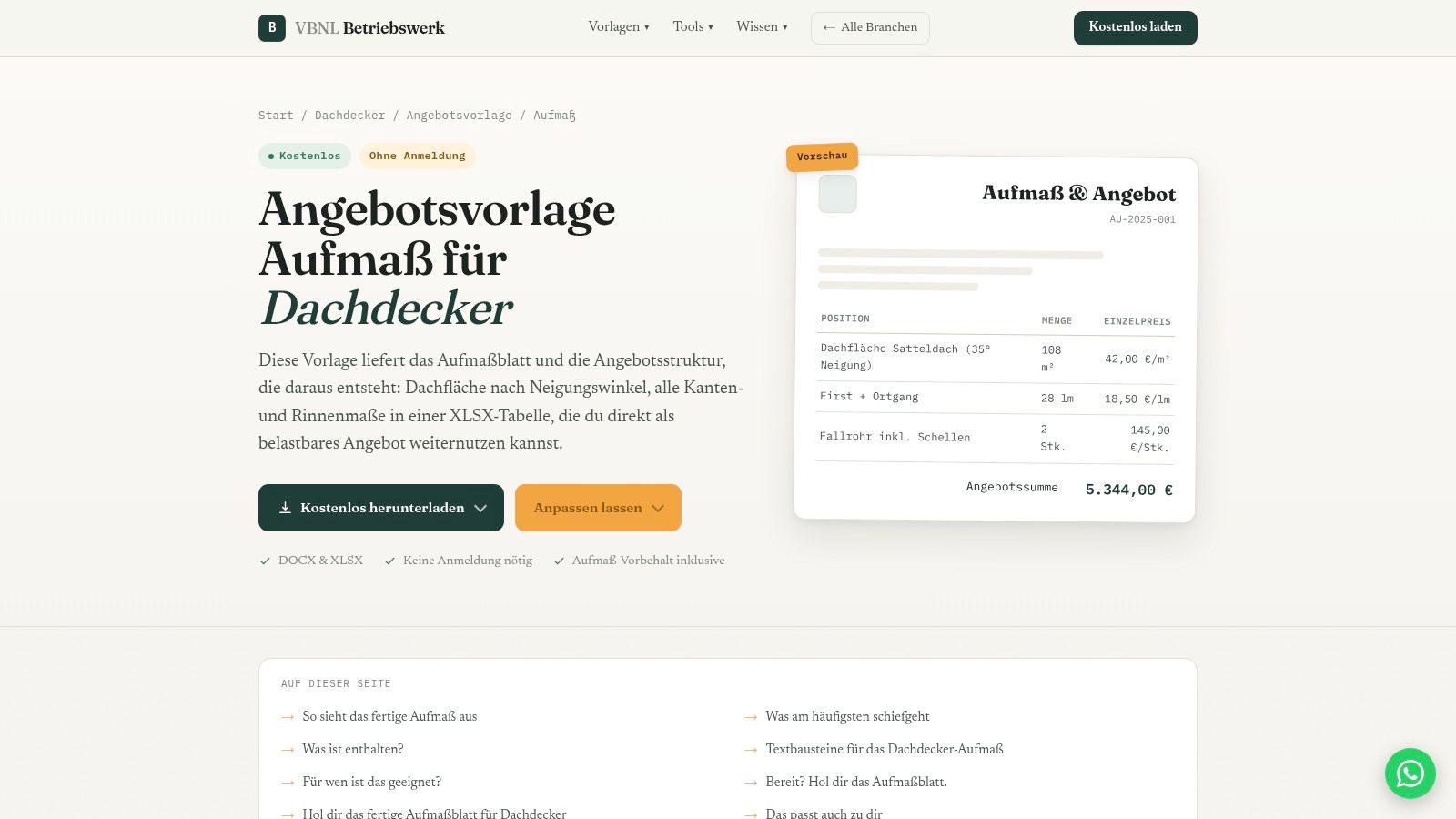 VBNL-Betriebswerk-Aufmaß für Dachdecker