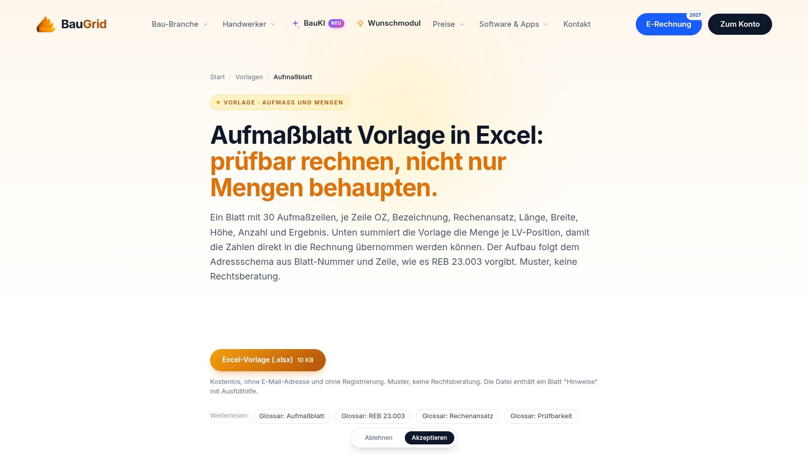 BauGrid-Aufmaßblatt-Vorlage in Excel
