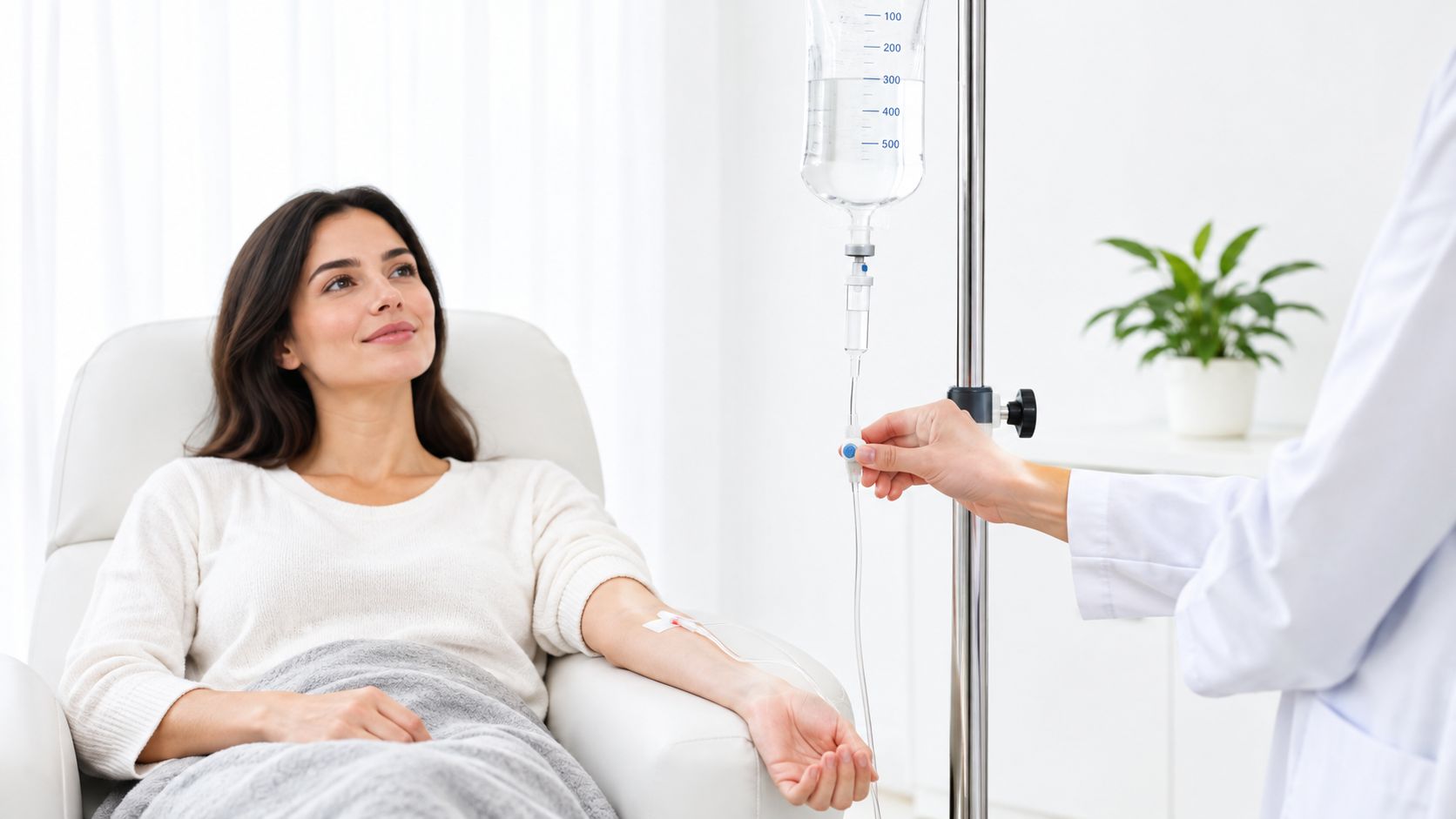 A woman receiving vitamin IV therapy while a healthcare professional adjusts the flow on the IV drip.