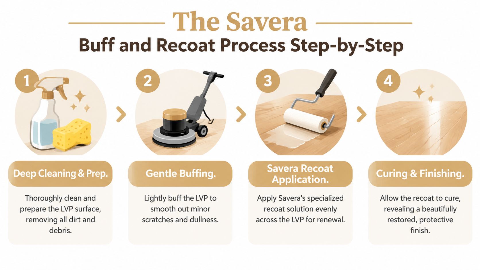 A step-by-step infographic showing the four stages of the Savera buff and recoat LVP floor restoration process.