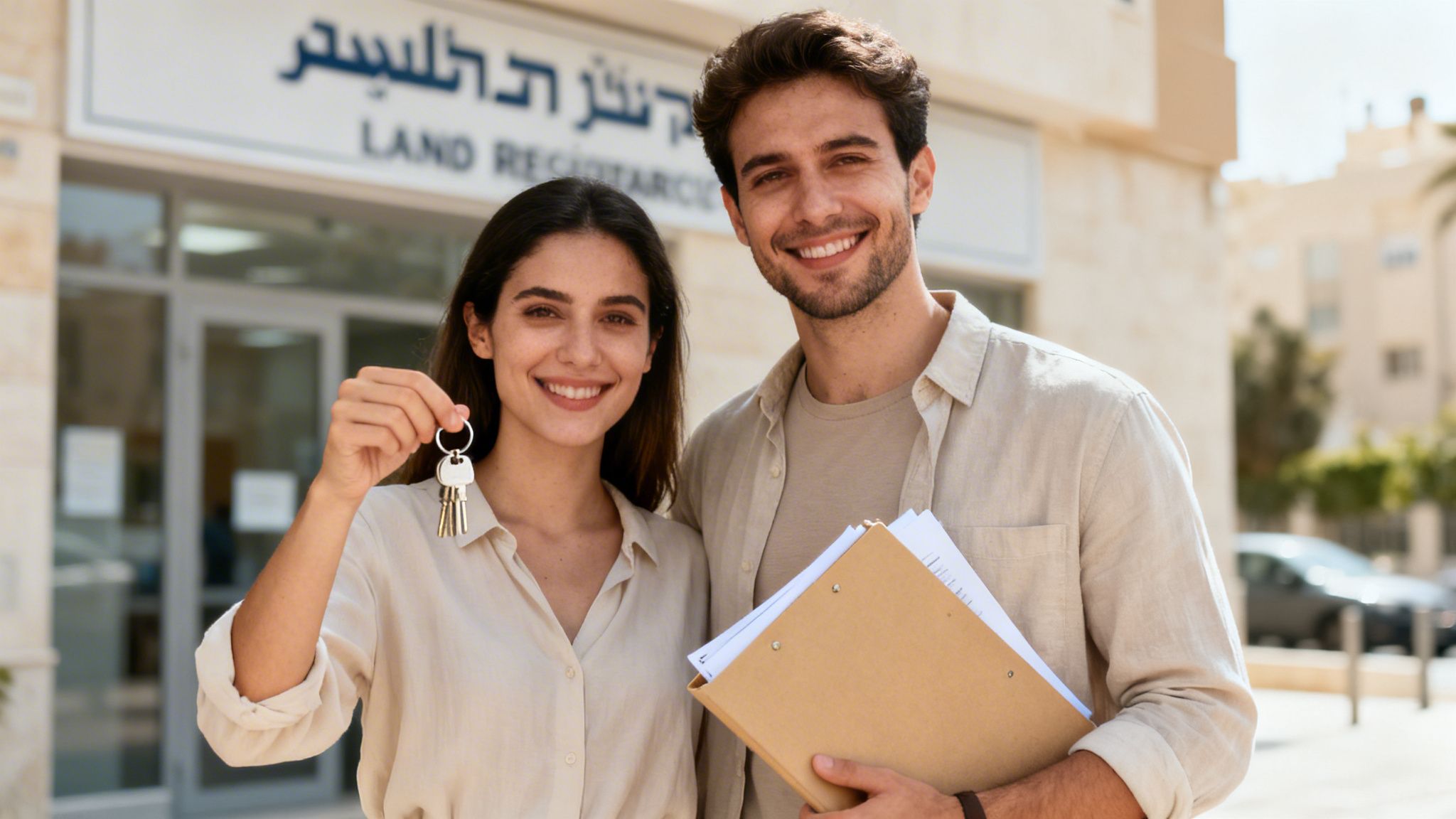 זוג מאושר מחוץ למשרד הטאבו, האישה מחזיקה מפתחות והגבר עם מסמכים.
