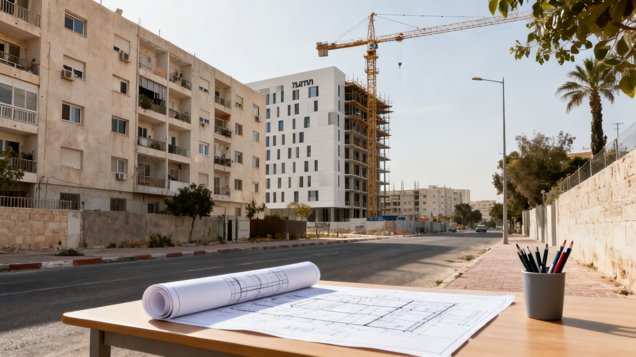 תוכניות בנייה מונחות על שולחן, כשברקע נראה אתר בנייה פעיל ורחוב עירוני.