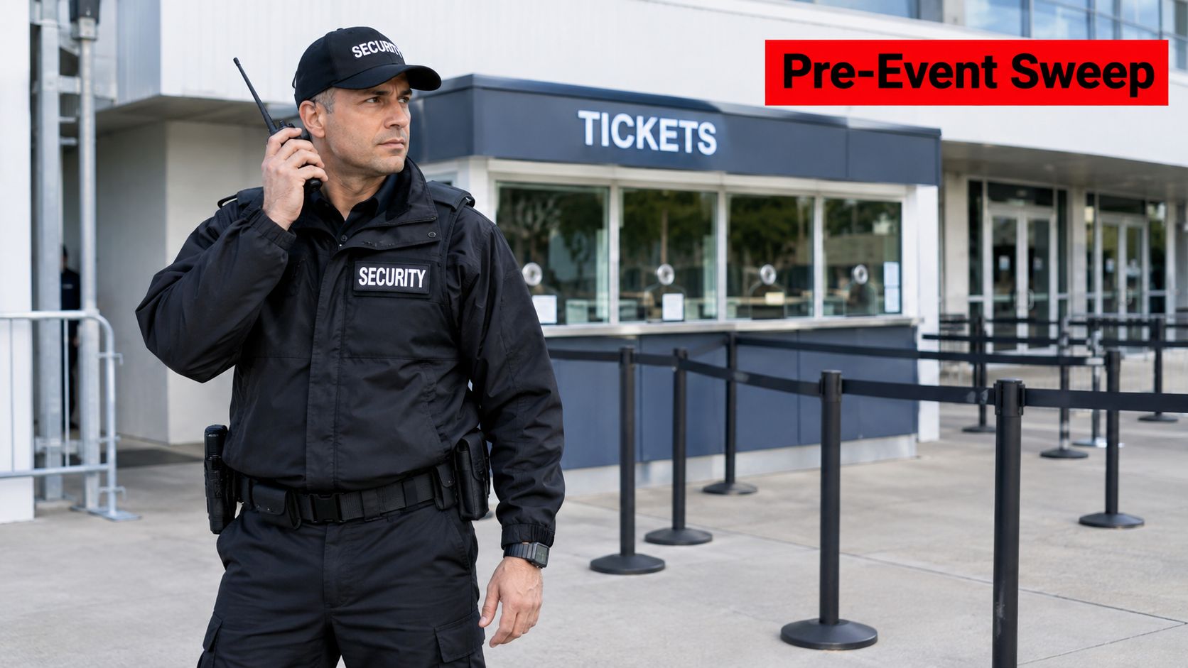 A professional security guard wearing a black uniform stands alert in front of a ticket booth.