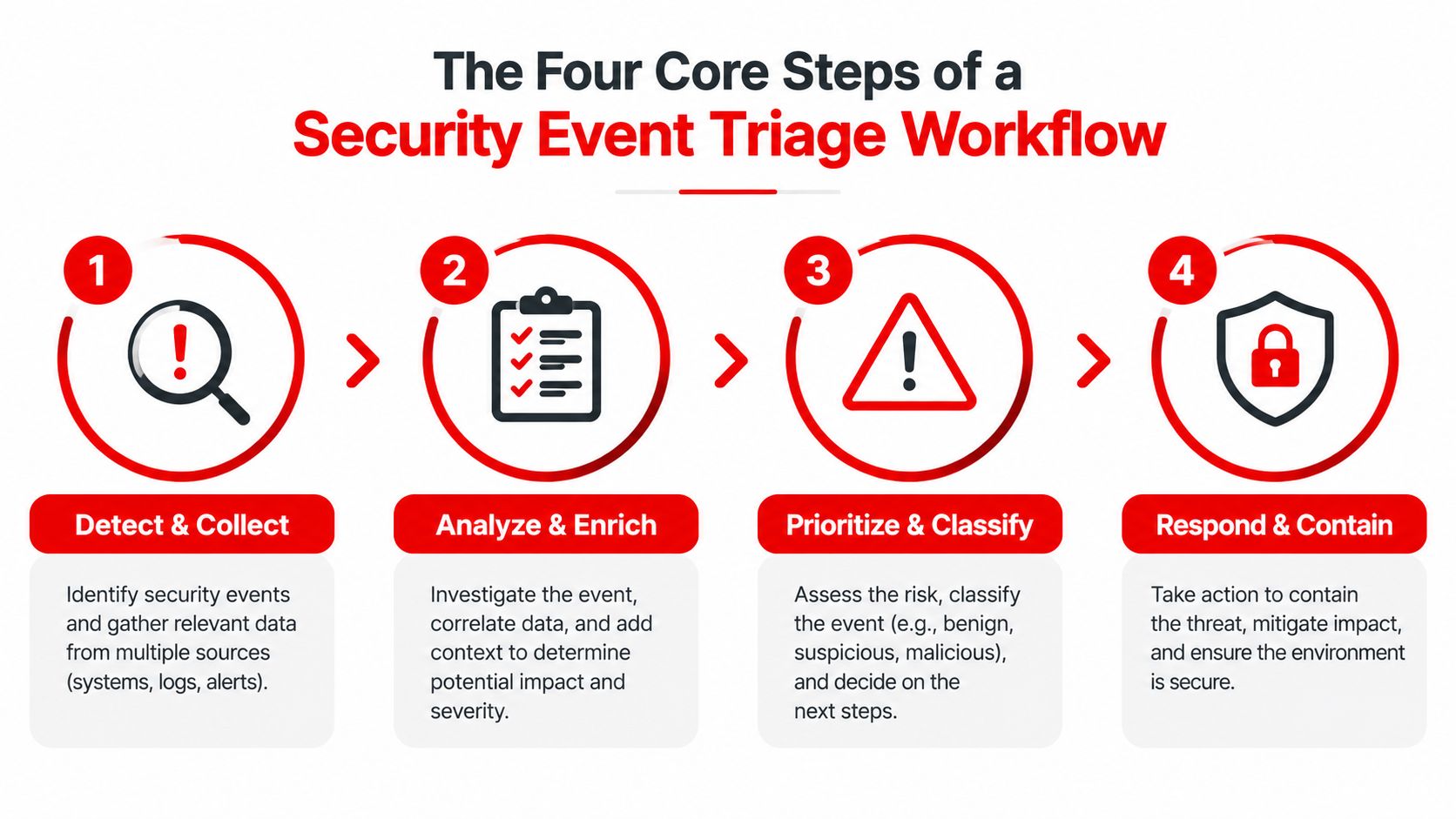 A diagram illustrating the four core steps of a security event triage workflow: detection, analysis, prioritization, and response.