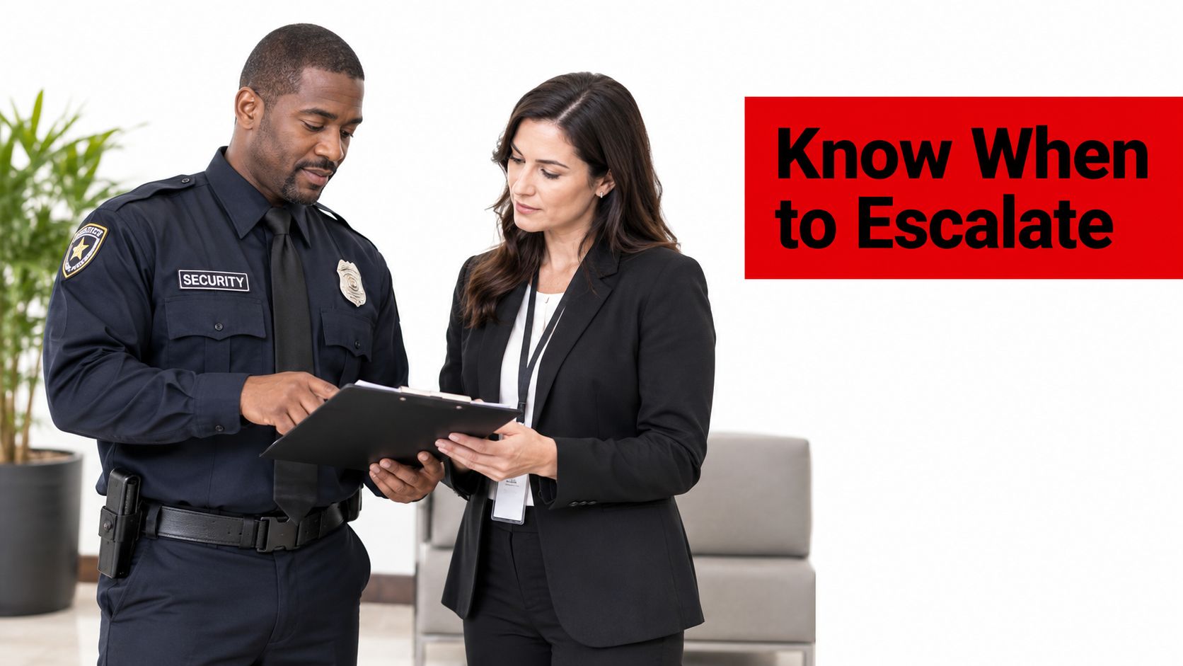 A security guard discussing paperwork with a business professional in a well-lit office setting.