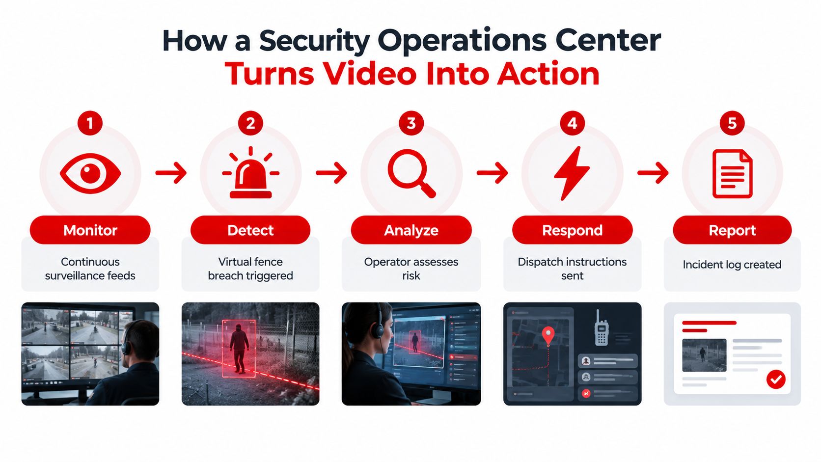 A diagram illustrating the five-step workflow of a Security Operations Center, from monitoring surveillance to reporting incidents.