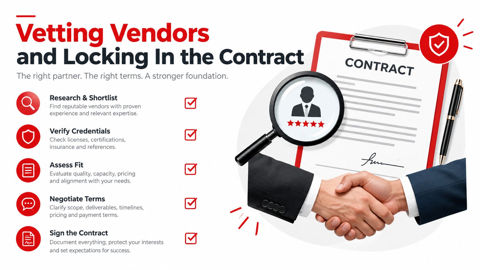 A professional infographic outlining the five essential steps for vetting vendors and signing business contracts.
