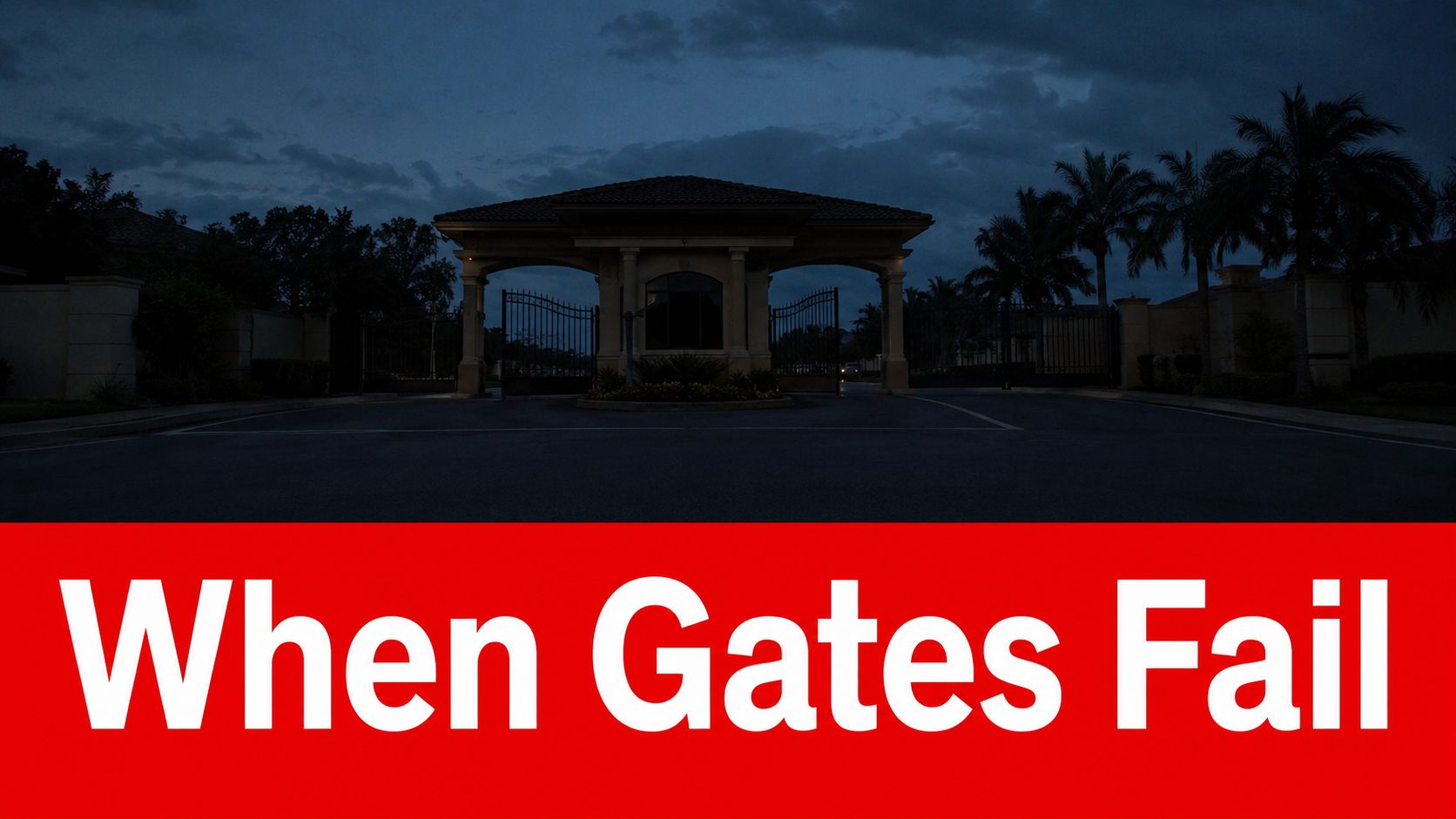 A grand entrance gate to a residential community at twilight with the title When Gates Fail below.
