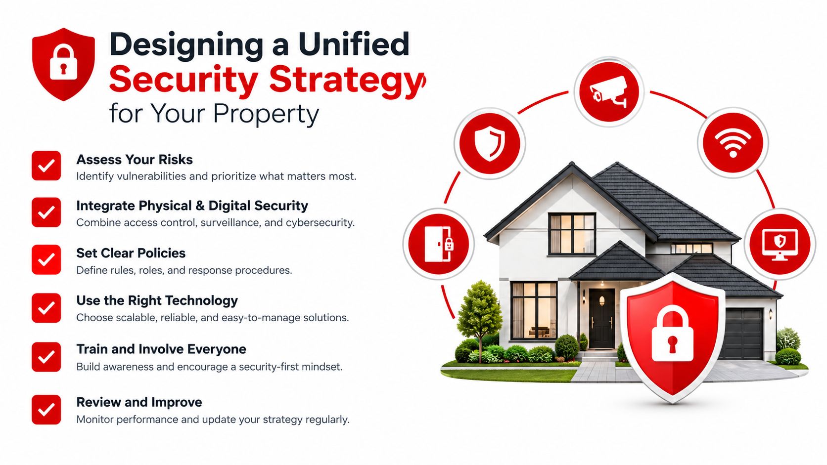 A graphic illustration detailing a unified property security strategy with six key steps and icons.