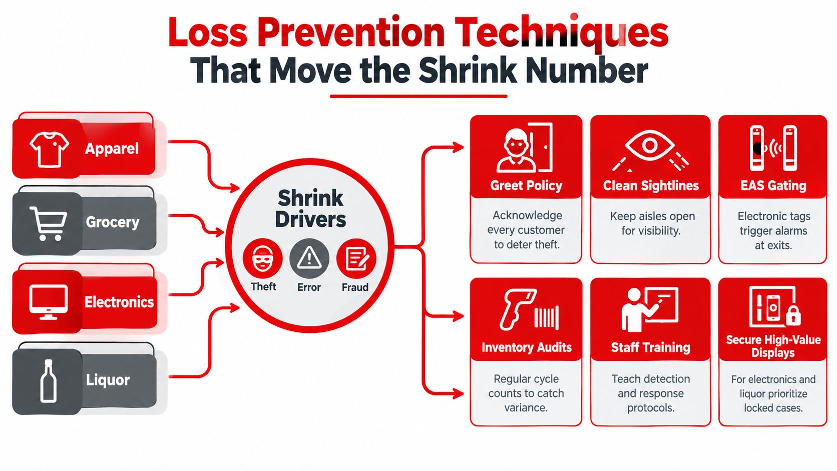 A diagram illustrating retail loss prevention techniques to reduce shrink from theft, error, and fraud in stores.