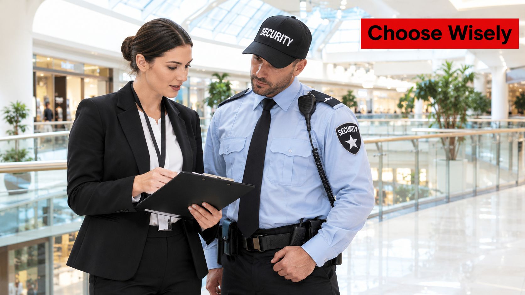 A professional businesswoman talking with a security officer in a modern indoor shopping mall environment.