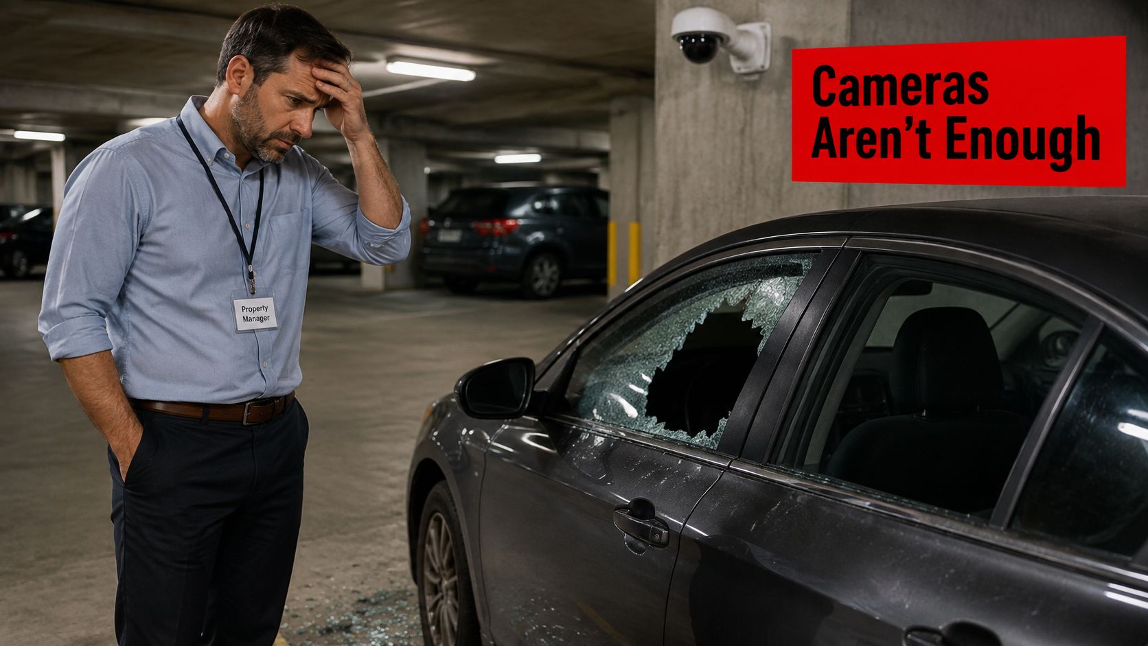 A property manager looking distressed at a vehicle with a shattered window in a parking garage.