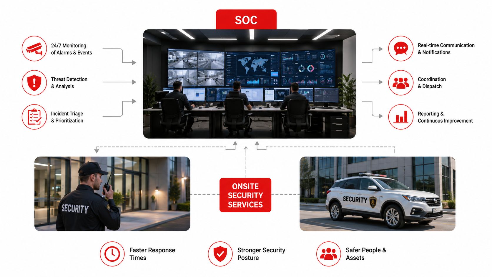 A diagram illustrating a 24/7 security operations center integrated with onsite security services and mobile patrol.