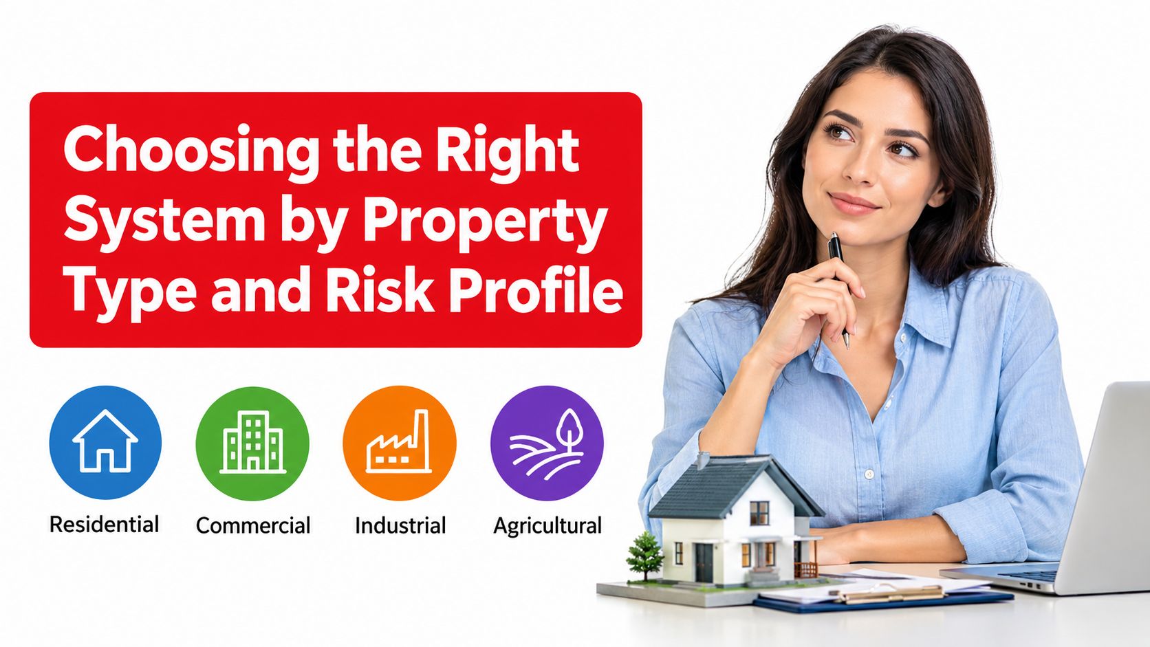 A businesswoman sitting at a desk with a model house while considering system types for different properties.