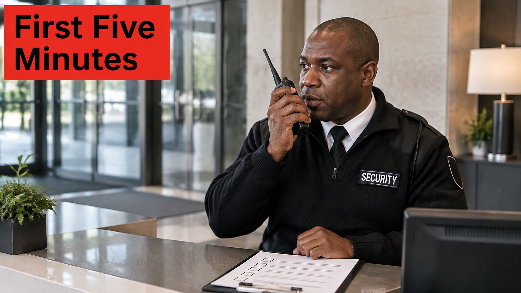 A professional security guard talking into a two-way radio at a reception desk with a clipboard.