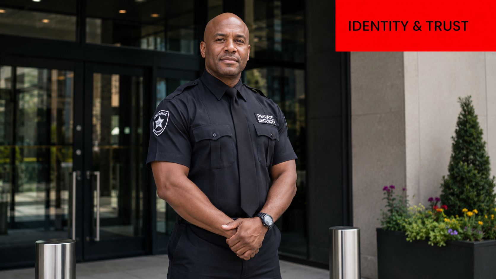 A professional African American security guard standing confidently in uniform in front of a modern office building.