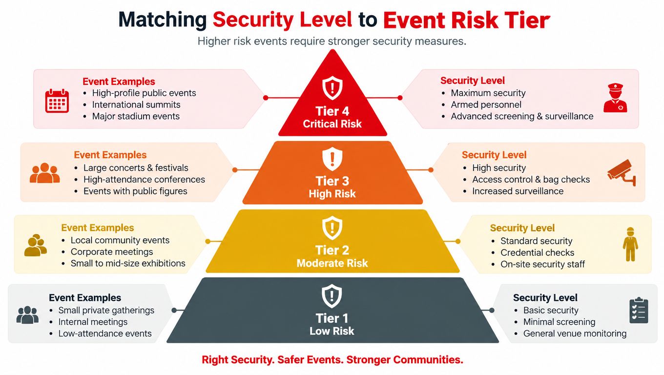 A pyramid chart illustrating four tiers of special event security levels categorized from low to critical risk.