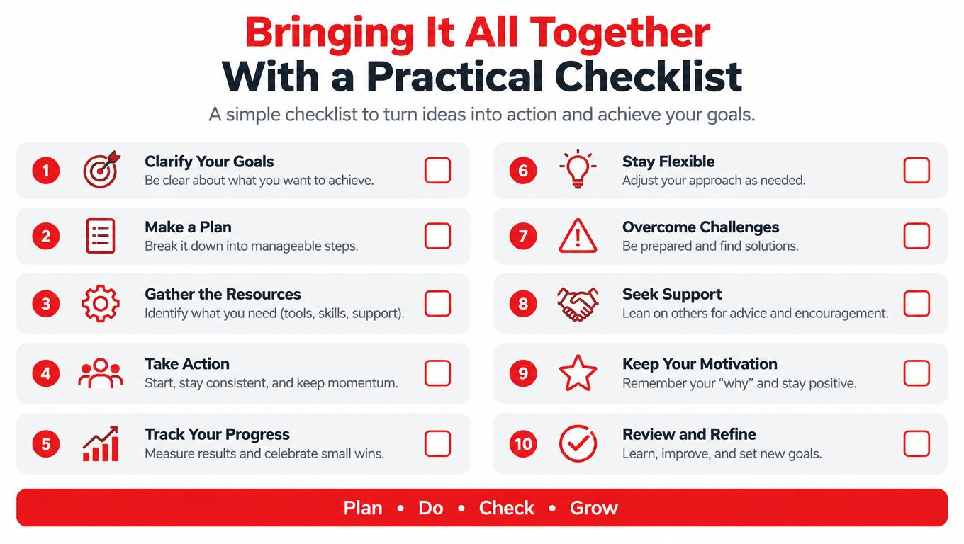 A ten-point practical checklist illustration with icons for turning ideas into action and achieving personal goals.