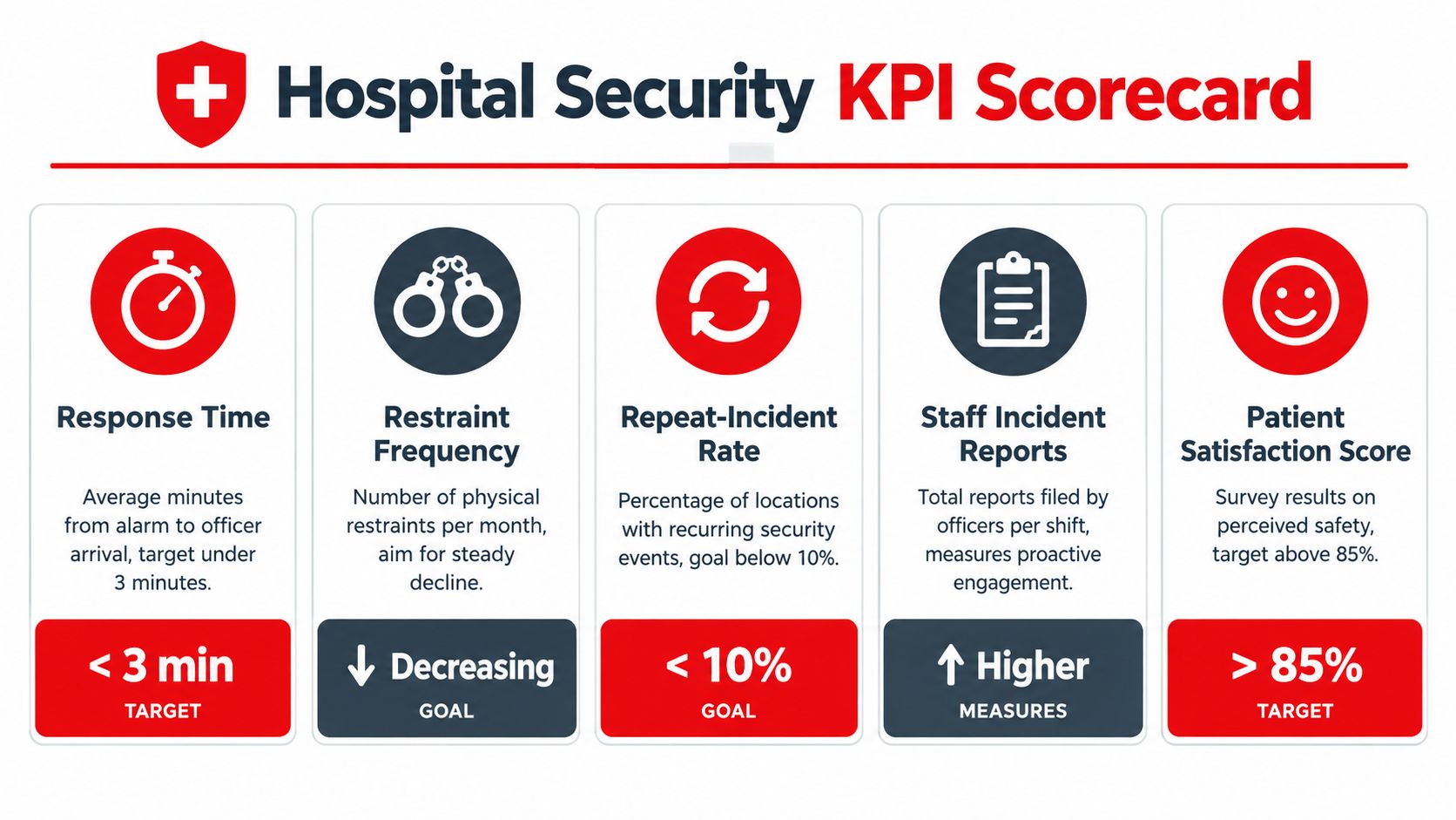 A hospital security KPI scorecard infographic detailing key performance metrics including response time, restraint frequency, and patient satisfaction.