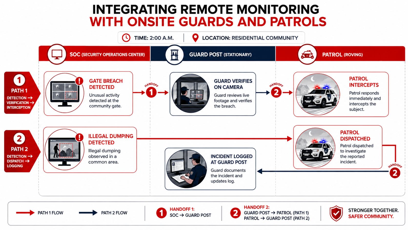 A diagram illustrating the integration of remote security monitoring services with onsite guards and patrol officers.